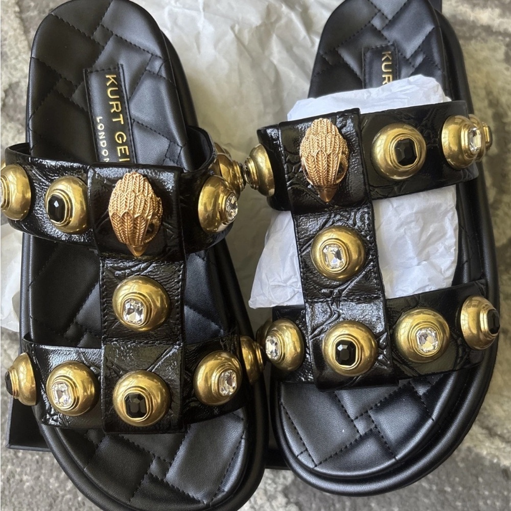 Kurt Geiger London Orson Patent Leather Jewel Stud Ornament Slide Sandals-New